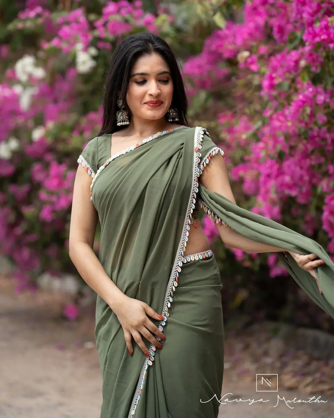 Rathika Rose Wearing Green Saree Sleeveless Blouse